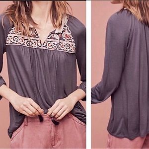 Anthropologie One September Dark Gray Embroidery Top